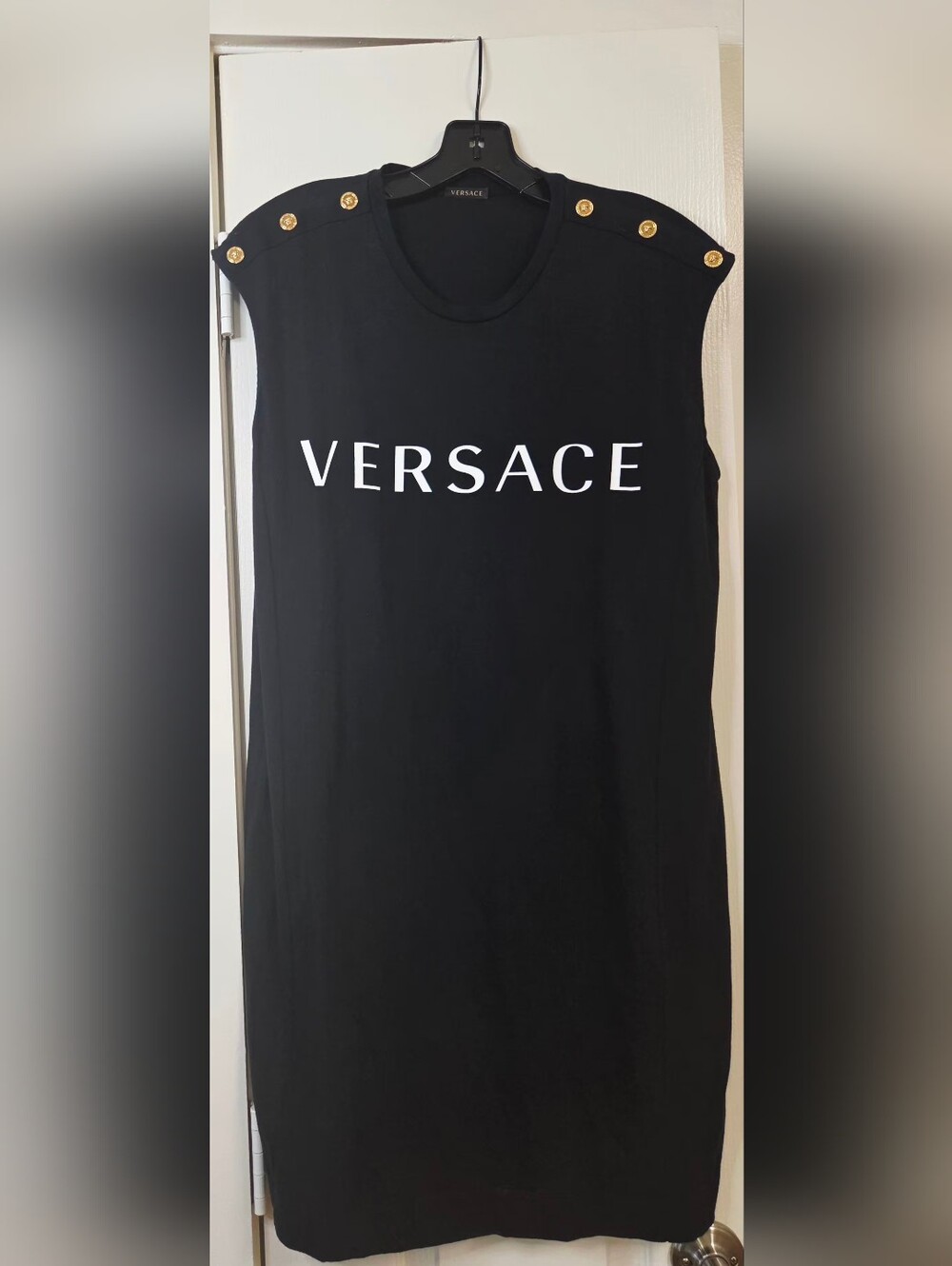 Versace Black Midi Logo Dress with Gold Button Shoulders